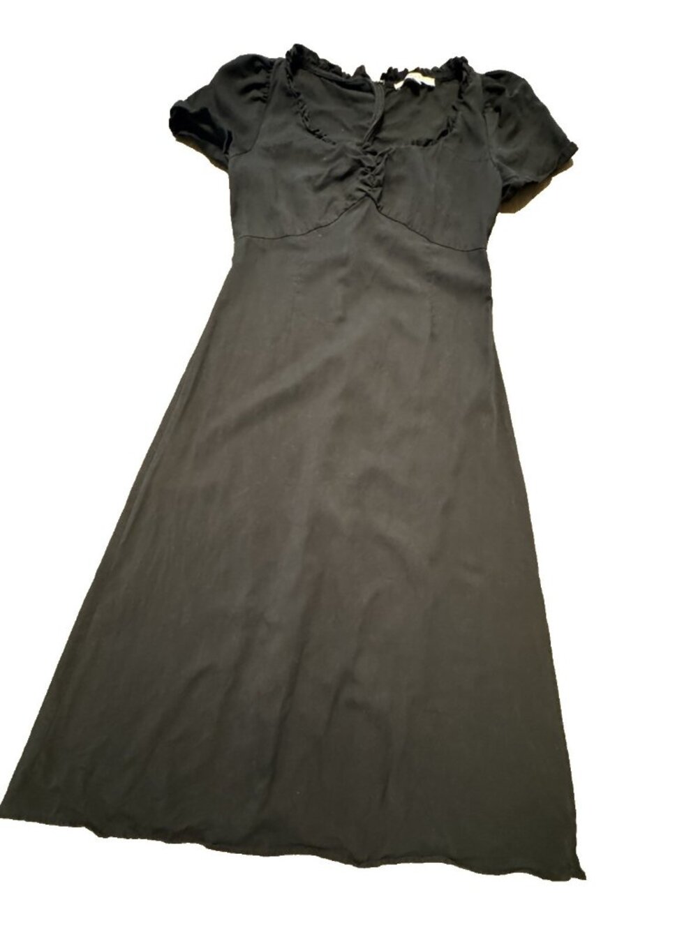 Loft Black Puff Sleeve Midi Dress Ruffle Trim Size 6 Slit Lyocell Minimalist Zip